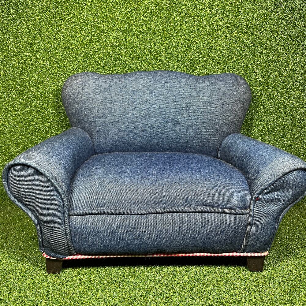 Vintage Blue Denim Miniature Dollhouse Plush Toy Couch Chair Furniture